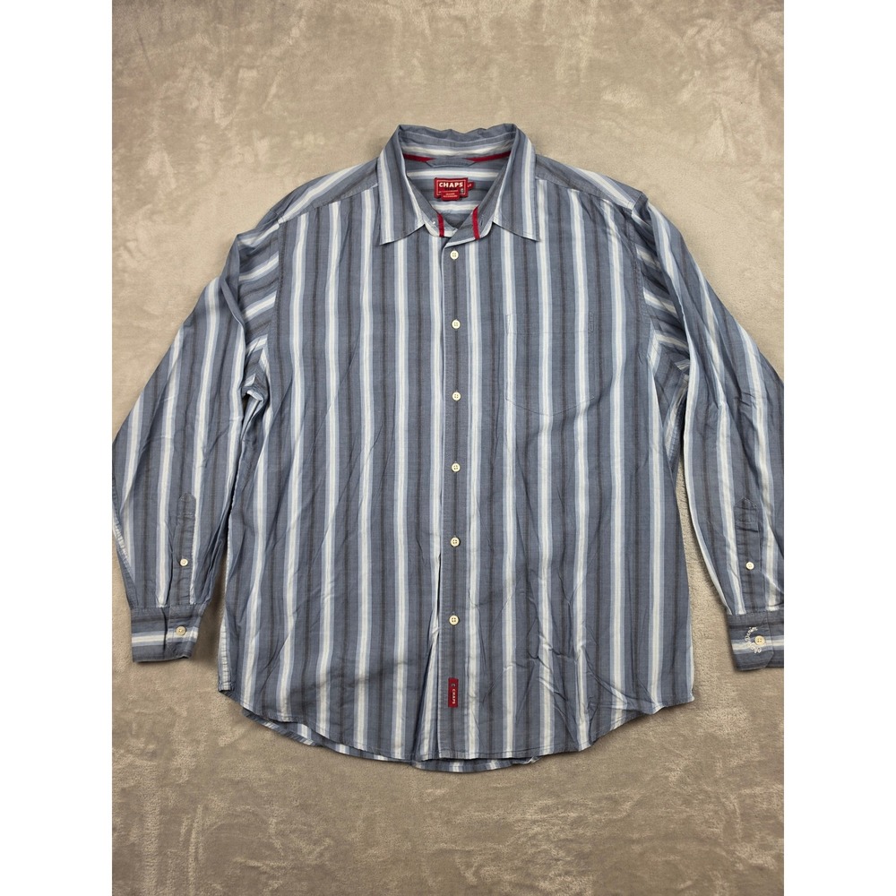 Chaps Denim Button Up Shirt Mens Large Blue Striped Long Sleeve Cotton